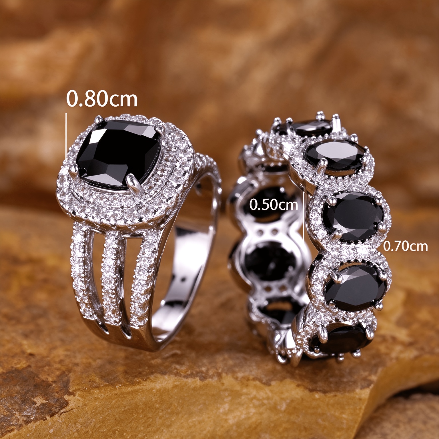 Teenager's Elegant Square Black Zircon Ring Set, Wedding Band